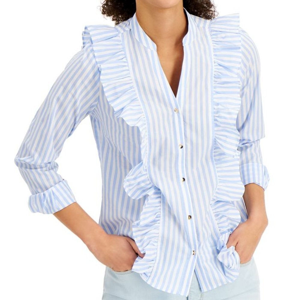 Charter Club Striped Ruffle Trim Button Down Long Sleeve Blouse Top (NWT)